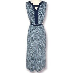 AB Studio Maxi Dress Blue Geometric Floral Pattern Belted Cutout Wrap Skirt